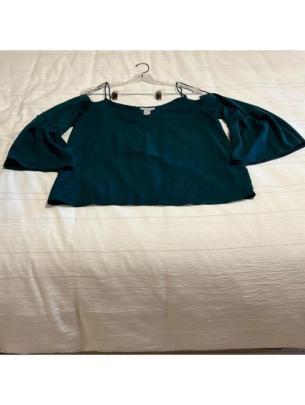 H&M Teal Green Cold Shoulder Bell Sleeve Blouse Women's Size 6